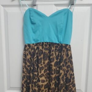 Streetwear Society - Blue and Leopard Print High Low Strapless Dress - SIZE M